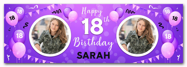Personalised Party Banner For 18th Birthday With Photo Female Purple Balloons Personalised Party Banner For 18th Birthday With Photo Female Purple Balloons