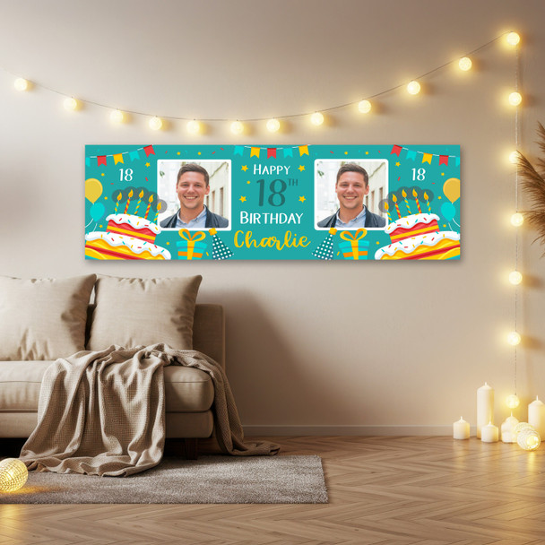 Personalised Party Banner For 18th Birthday With Photo Male Turquoise Cake