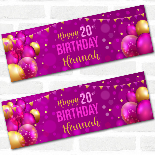 Personalised Party Banner For 20th Birthday Female Pink Gold Balloons