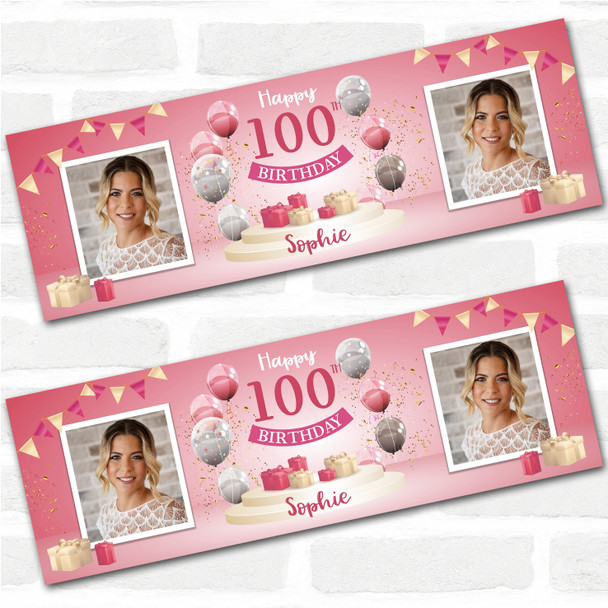 Personalised Party Banner For 100th Birthday With Photo Female Pink Balloon Gift