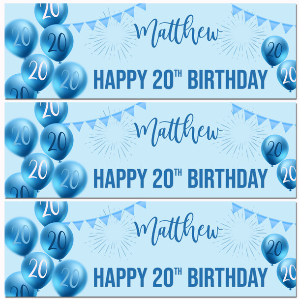 Personalised Party Banner For 20th Birthday Male Blue Balloon Star