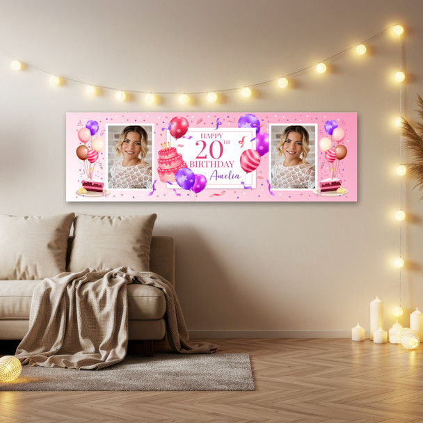 Personalised Party Banner For 20th Birthday With Photo Female Pink Cake