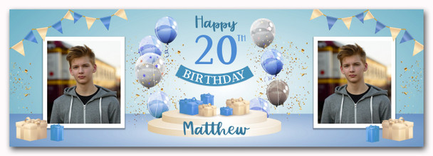 Personalised Party Banner For 20th Birthday With Photo Male Blue Balloon Gift
