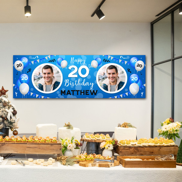 Personalised Party Banner For 20th Birthday With Photo Male Blue Balloons