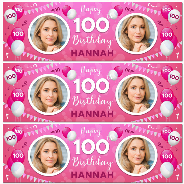 Personalised Party Banner For 100th Birthday With Photo Female Pink Balloons