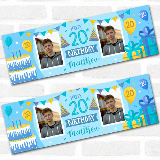 Personalised Party Banner For 20th Birthday With Photo Male Blue Cake Gift