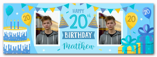 Personalised Party Banner For 20th Birthday With Photo Male Blue Cake Gift