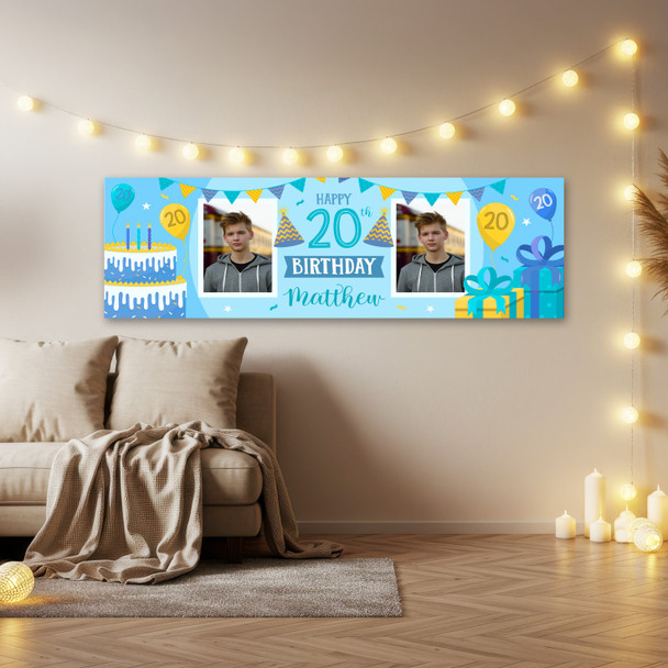 Personalised Party Banner For 20th Birthday With Photo Male Blue Cake Gift