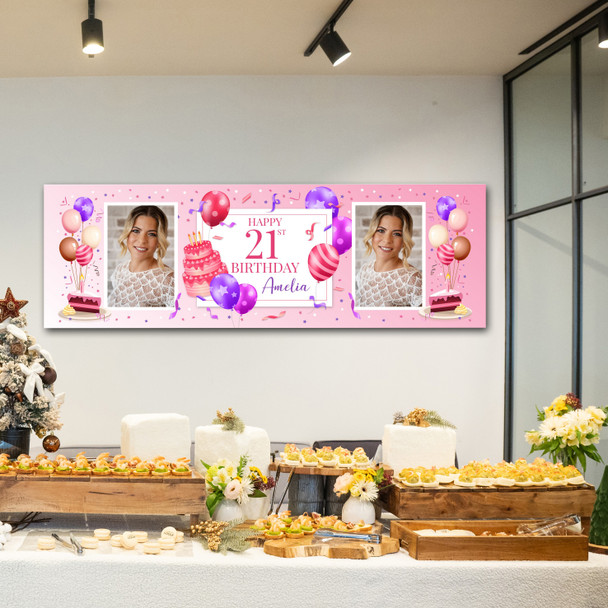 Personalised Party Banner For 21st Birthday With Photo Female Pink Cake
