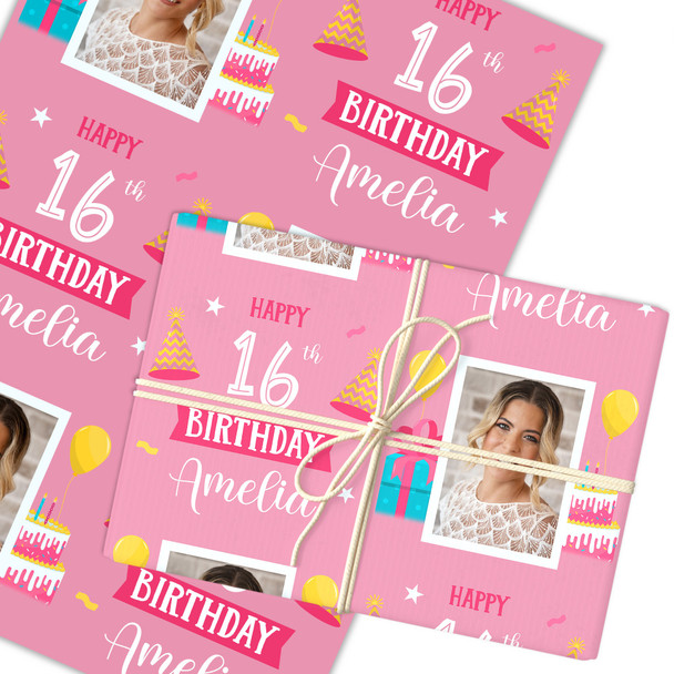 Personalised Wrapping Paper 16th Birthday Pink Photo For Girls Custom Gift Wrap
