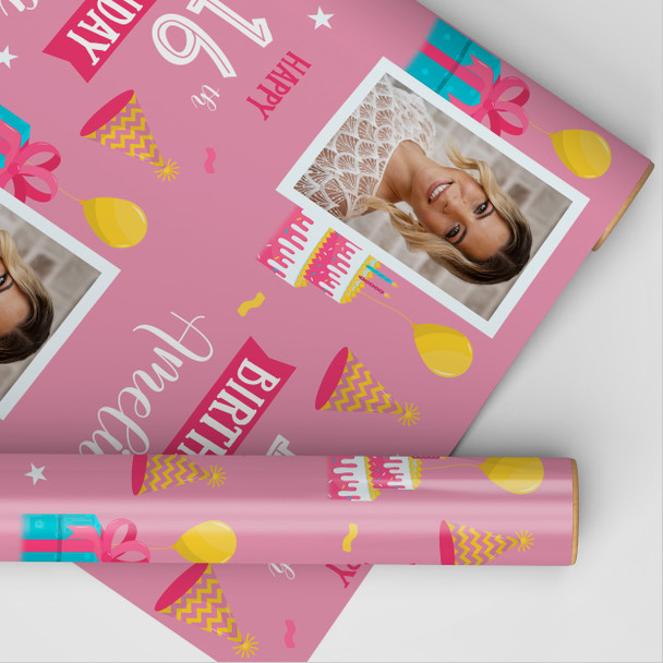 Personalised Wrapping Paper 16th Birthday Pink Photo For Girls Custom Gift Wrap
