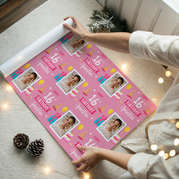 Personalised Wrapping Paper 16th Birthday Pink Photo For Girls Custom Gift Wrap