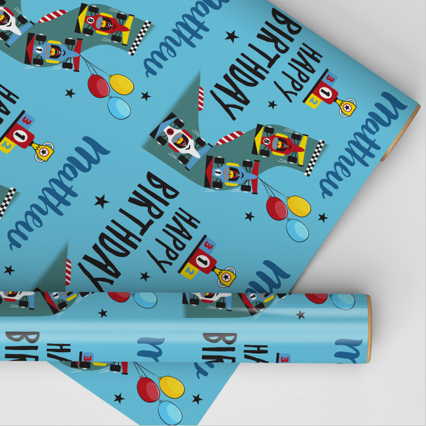 Personalised Wrapping Paper Kids Birthday Racing Cars For Boys Custom Gift-Wrap