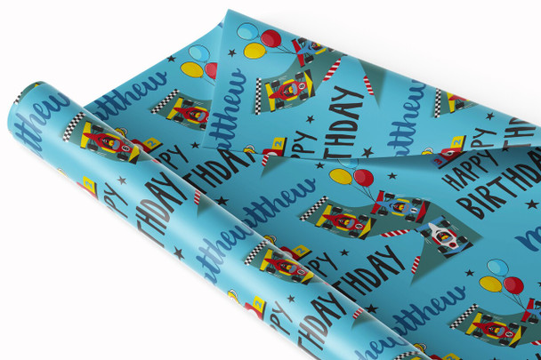 Personalised Wrapping Paper Kids Birthday Racing Cars For Boys Custom Gift-Wrap