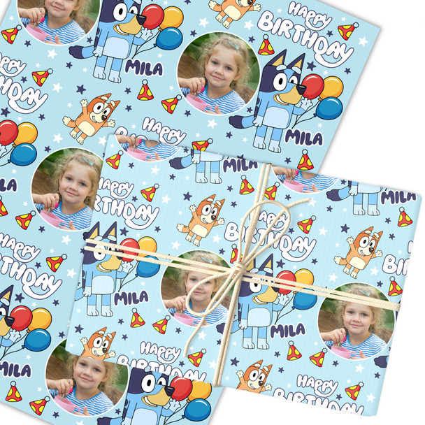 Personalised Wrapping Paper Kids Birthday Bluey Blue Photo Custom Gift Wrap
