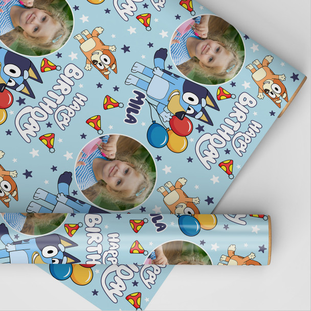 Personalised Wrapping Paper Kids Birthday Bluey Blue Photo Custom Gift Wrap