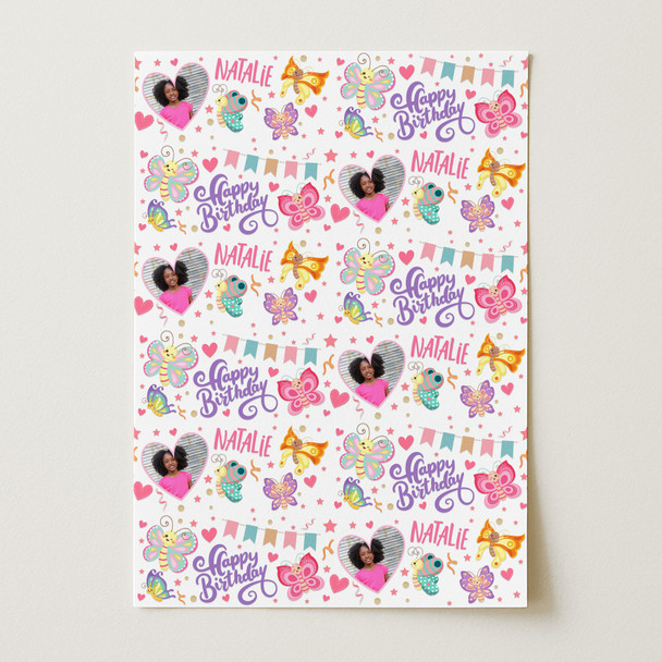 Personalised Wrapping Paper Kids Birthday Butterflies Photo Custom Gift-Wrap