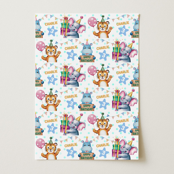 Personalised Wrapping Paper Birthday Circus Animals Tiger Elephant Custom Wrap