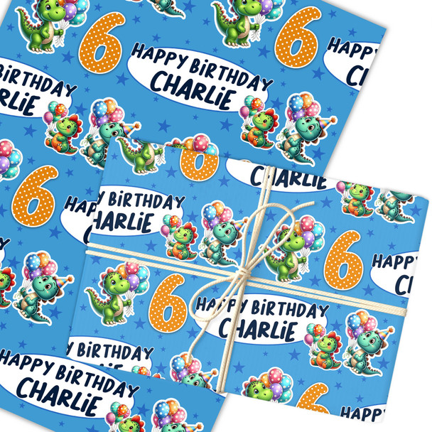 Personalised Wrapping Paper Kids Birthday Dinosaurs Balloons Custom Gift Wrap