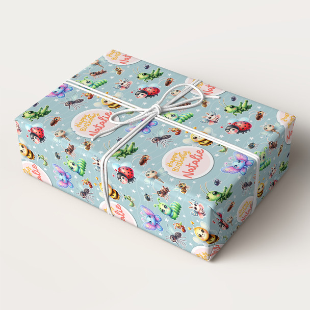 Personalised Wrapping Paper Kids Birthday Cute Insects Green Custom Gift Wrap