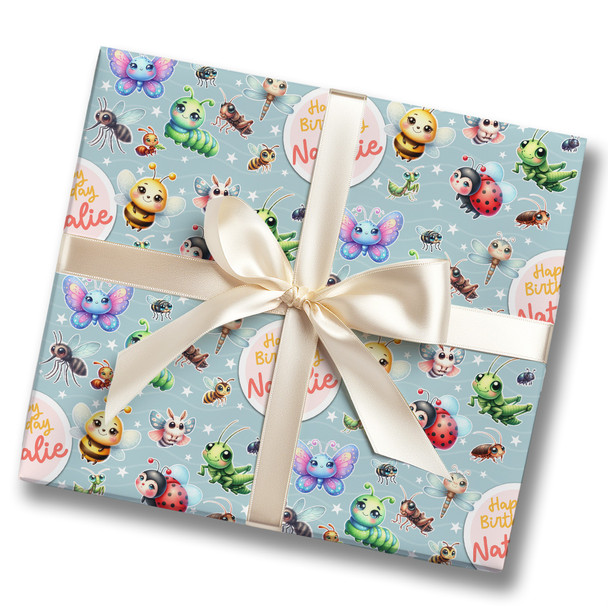 Personalised Wrapping Paper Kids Birthday Cute Insects Green Custom Gift Wrap