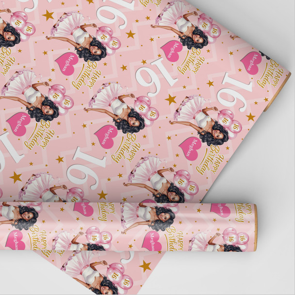 Personalised Wrapping Paper Kids Birthday Dark Skin Pink Girls Custom Gift Wrap