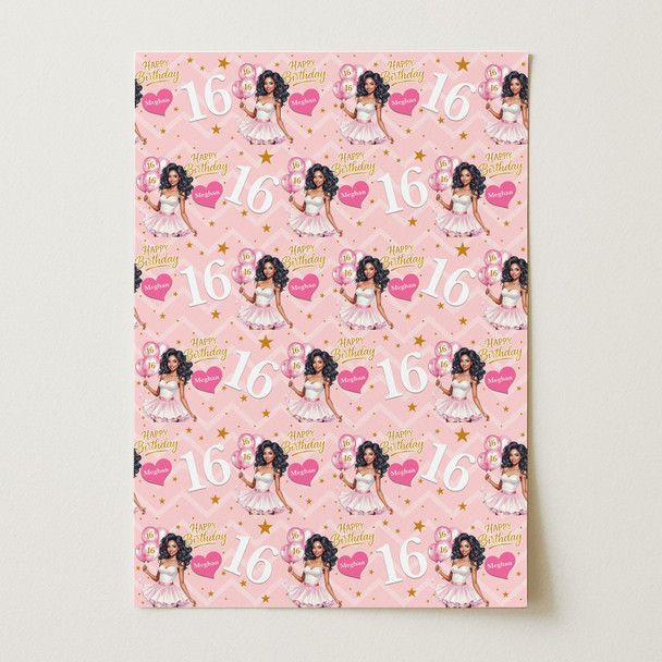Personalised Wrapping Paper Kids Birthday Dark Skin Pink Girls Custom Gift Wrap