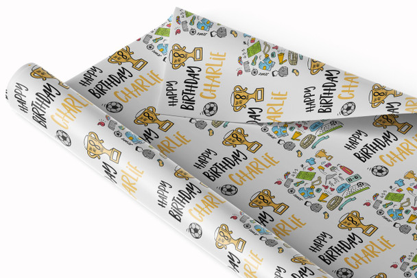 Personalised Wrapping Paper Kids Birthday Football Doodles Boys Custom Gift Wrap