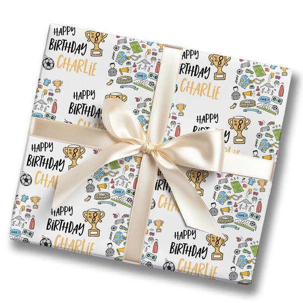 Personalised Wrapping Paper Kids Birthday Football Doodles Boys Custom Gift Wrap