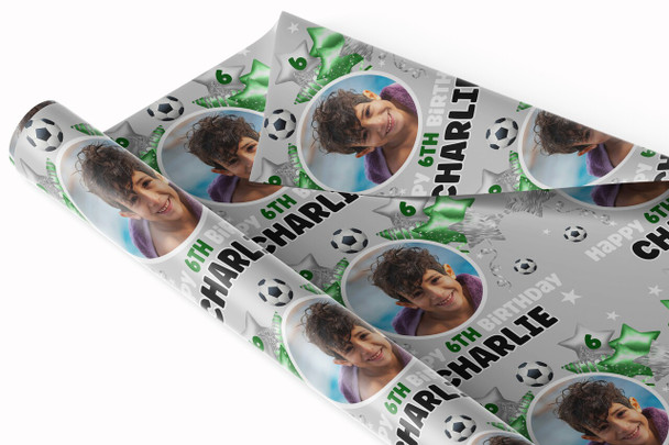 Personalised Wrapping Paper Kids Birthday Football Grey Photo Custom Gift Wrap