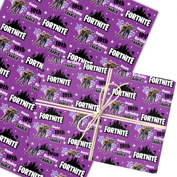 Personalised Wrapping Paper Kids Birthday Fortnite Purple Custom Gift-Wrap