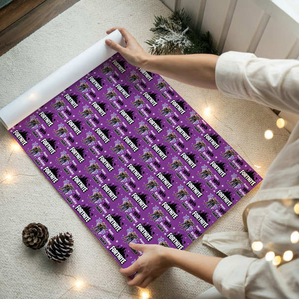 Personalised Wrapping Paper Kids Birthday Fortnite Purple Custom Gift-Wrap