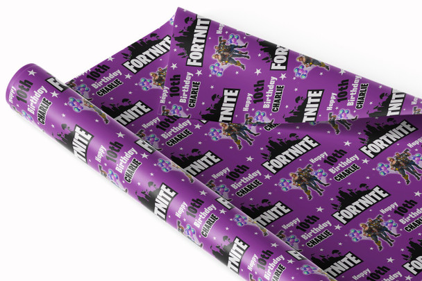Personalised Wrapping Paper Kids Birthday Fortnite Purple Custom Gift-Wrap