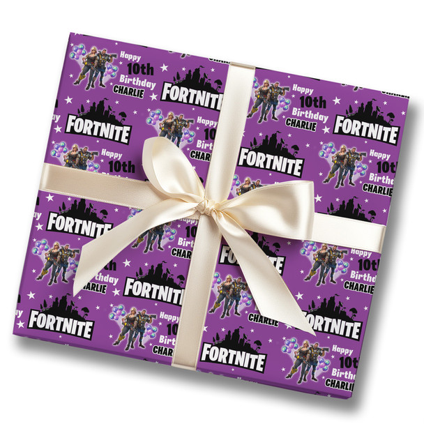 Personalised Wrapping Paper Kids Birthday Fortnite Purple Custom Gift-Wrap