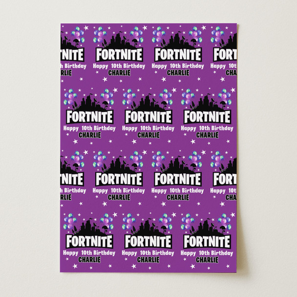 Personalised Wrapping Paper Kids Birthday Fortnite Boys Purple Custom Gift Wrap
