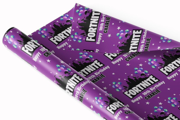 Personalised Wrapping Paper Kids Birthday Fortnite Boys Purple Custom Gift Wrap
