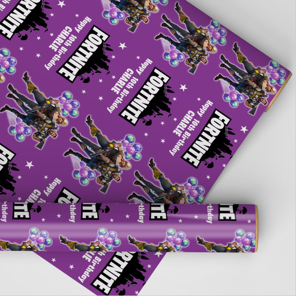 Personalised Wrapping Paper Kids Birthday Fortnite Purple Custom Gift Wrap