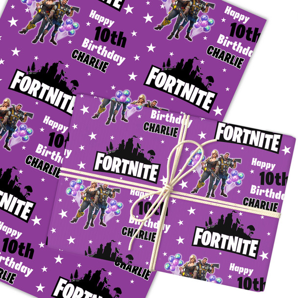 Personalised Wrapping Paper Kids Birthday Fortnite Stars Purple Custom Gift Wrap
