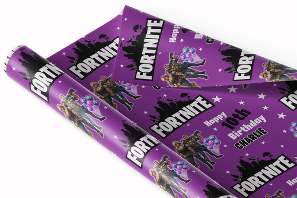 Personalised Wrapping Paper Kids Birthday Fortnite Stars Purple Custom Gift Wrap