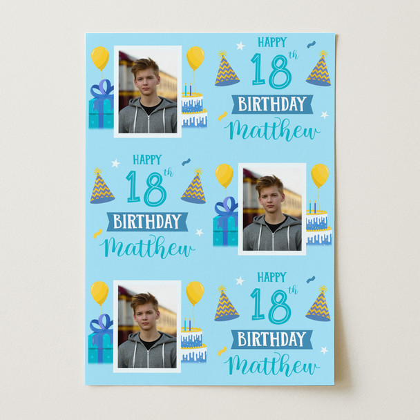 Personalised Wrapping Paper 18th Birthday Photo Blue Boys Custom Gift Wrap