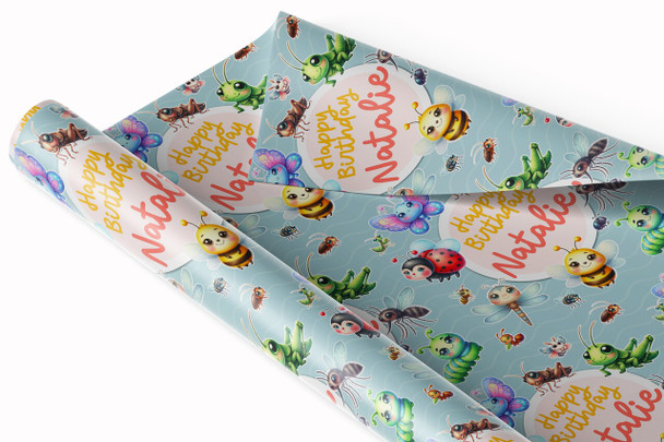 Personalised Wrapping Paper Kids Birthday Green Cute Insects Custom Gift Wrap