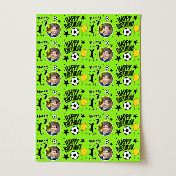 Personalised Wrapping Paper Birthday Green Football Photo Boys Custom Gift Wrap