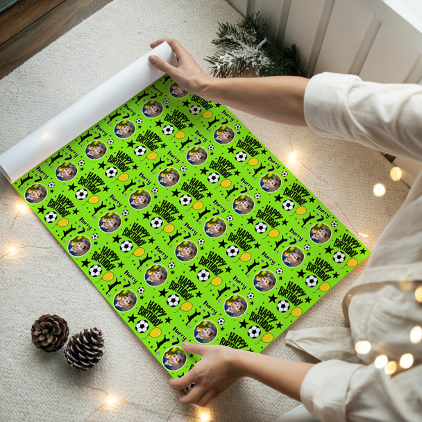 Personalised Wrapping Paper Birthday Green Football Photo Boys Custom Gift Wrap