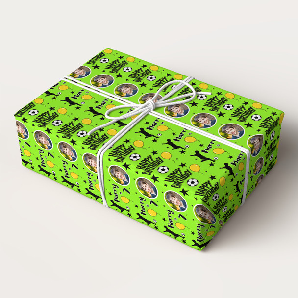 Personalised Wrapping Paper Birthday Green Football Photo Boys Custom Gift-Wrap