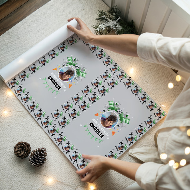 Personalised Wrapping Paper Kids Birthday Grey & Green Football Custom Gift Wrap