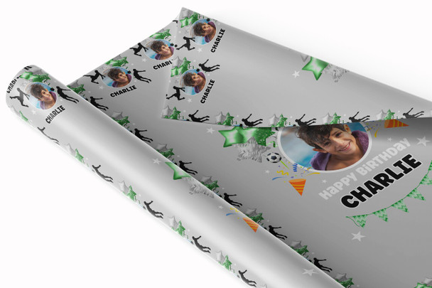 Personalised Wrapping Paper Kids Birthday Grey & Green Football Custom Gift Wrap
