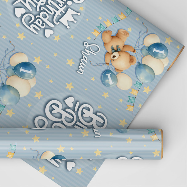 Personalised Wrapping Paper Kids Birthday Grey Blue Teddy Bear Custom Gift Wrap