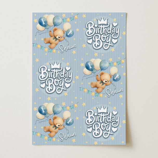 Personalised Wrapping Paper Kids Birthday Grey Blue Teddy Bear Custom Gift Wrap