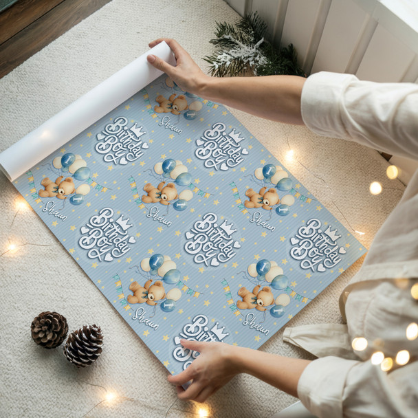 Personalised Wrapping Paper Kids Birthday Grey Blue Teddy Bear Custom Gift Wrap