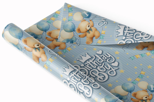 Personalised Wrapping Paper Kids Birthday Grey Blue Teddy Bear Custom Gift Wrap